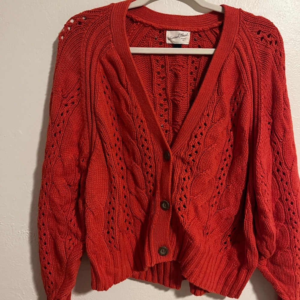 Red Cable Knit Button-Front Cardigan Sweater